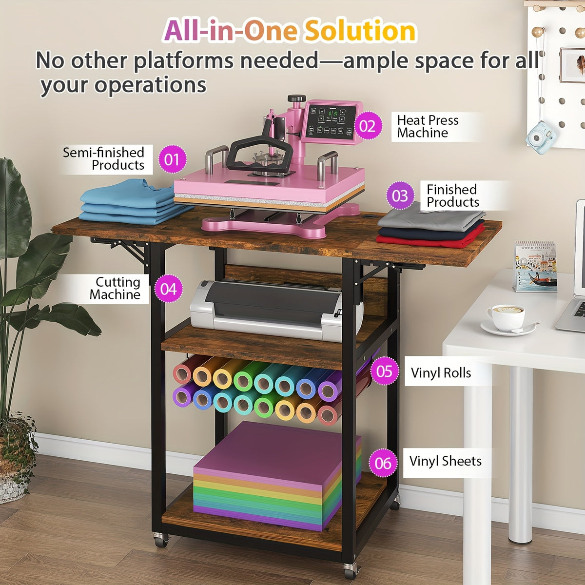 Foldable Heat Press Table, 3 Tier Movable Heat Press Stand With Vinyl Roll Holder, Heavy Duty Metal Shelf Cart For DIY Sublimation Transfer Machine And Printer, Brown