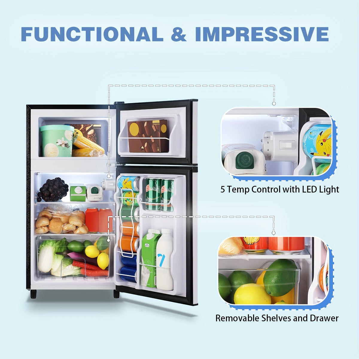 WANAI Mini Fridge with Freezer, 3.5 Cu.Ft Compact Refrigerator Freezer-on-Top Double Door, 7 Adjustable Thermostat, Small Freestanding for Bedroom Office Dorm Apartment