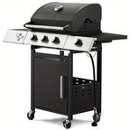 Grill with Side Burner & Cast Iron Grates, Lockable  Wheels, Barbecue Grill with 395 Square Inches Large Cooking Area, Camping Grill for Barbeque and Outdoor Cooking, Black