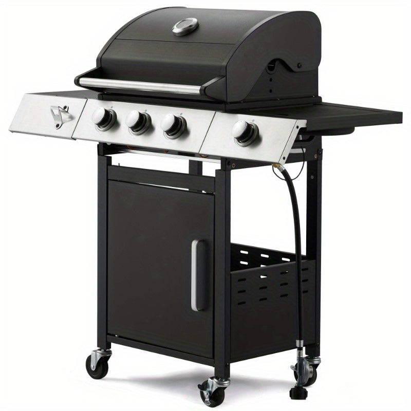 Grill with Side Burner & Cast Iron Grates, Lockable  Wheels, Barbecue Grill with 395 Square Inches Large Cooking Area, Camping Grill for Barbeque and Outdoor Cooking, Black