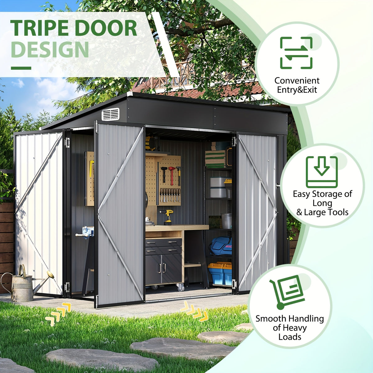 Outdoor Storage Shed, 4 x 8 Ft—Lockable Triple-Door Access and a Sloped Roof for Tools, Bikes and Patio Gear