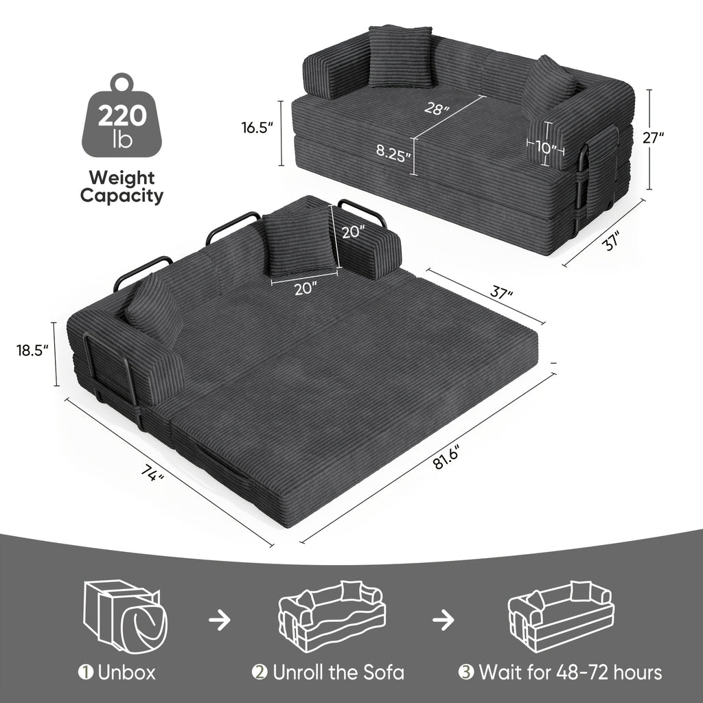 81"Convertible Floor Sleeper Sofa Bed - 3-Person Space-Saving Love Seat with Pull-Out Bed, Corduroy Boneless Compression Memory Foam, Comfy Lounge Couch for Living Room, Bedroom, Apartment, Office, No Assembly Required