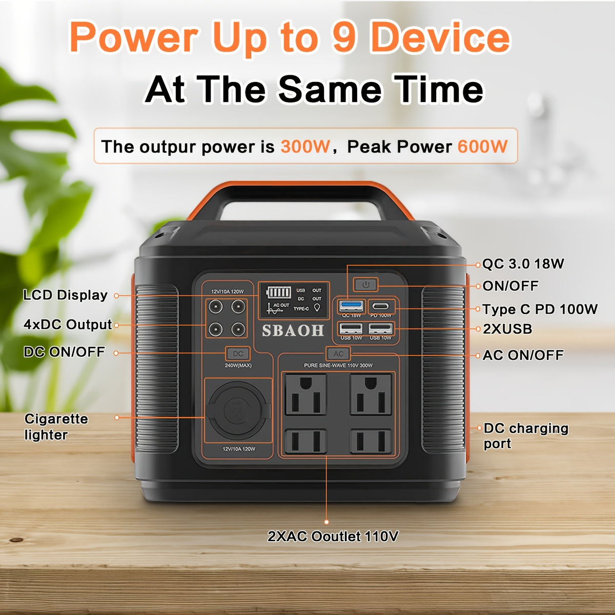 SBAOH 300W Portable Power Station 296Wh 80000mAh Solar Generator W/ 100W PD Fast Charging, 13 Outlets, Digital Display, Lithium-ion Battery for Outdoor Solar Lights, Camping Tents, Emergency Outdoor Home Use, CPAP, Gifts, 60W Solar Panel Is Optional