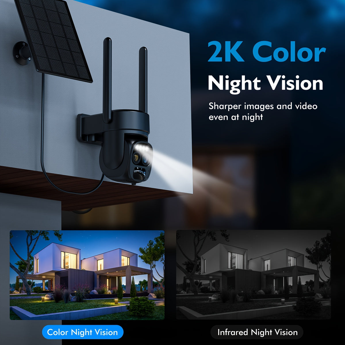5pcs [10X Zoom] 360-Degree Low-Power Solar Panel Battery 2K FHD Wifi with Spotlight Alarm, Motion Detection, Color Night Vision, Two-Way Audio And