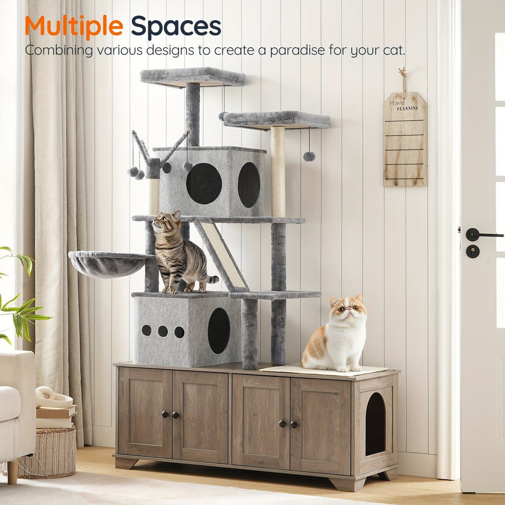 Double Litter Box Enclosure with Cat Tree, 45.3"L X 17.7"W X 68.9"H All-In-One Modern Cat Tower with Cat Bed, Hidden Litter Box Enclosure Furniture, with Hammock, Sisal Posts, Greige