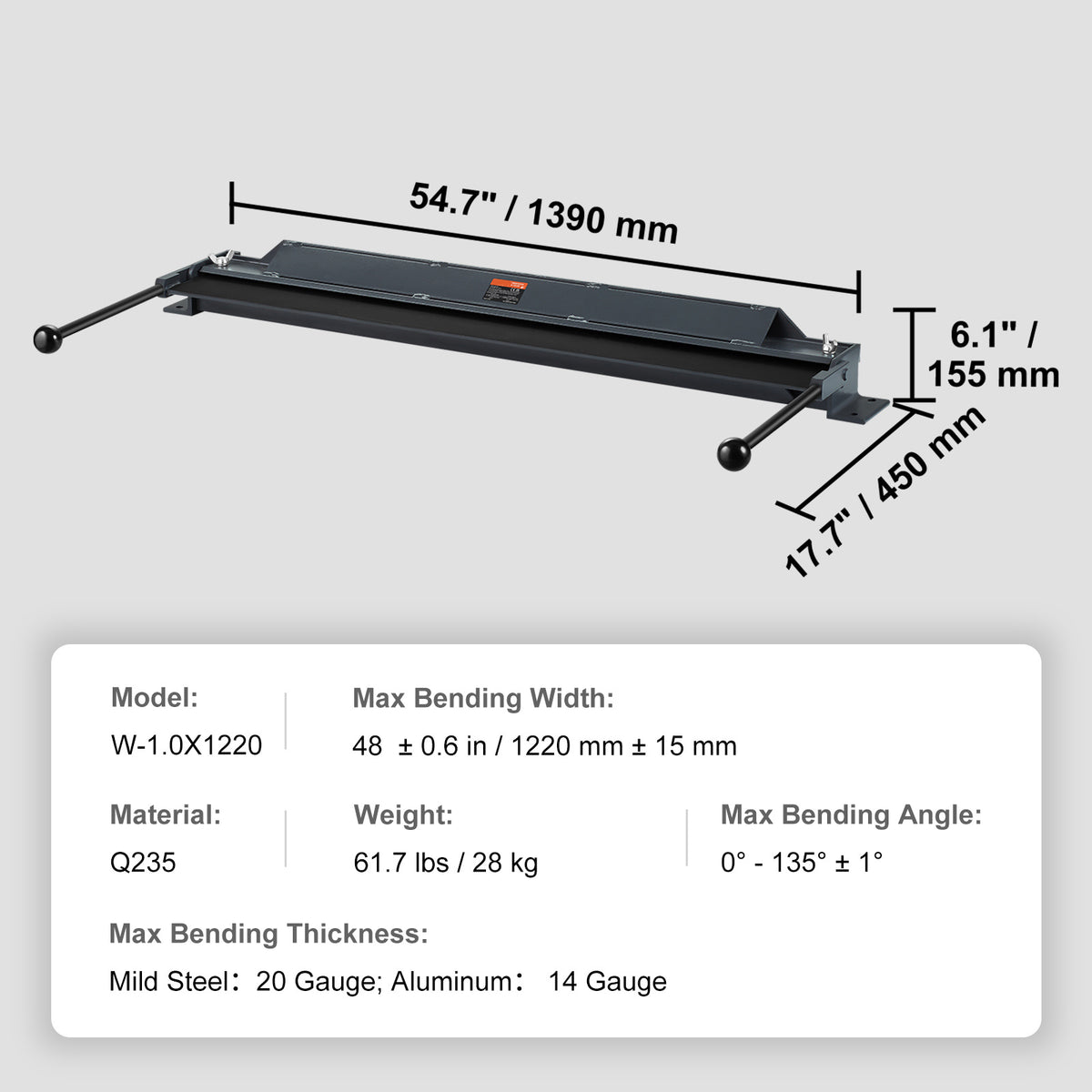 VEVOR Box and Pan Brake, 24-Inch/36-Inch/ 48-Inch, 0-130 Degrees Sheet Metal Bending Brake, Portable Metal Bender with 20 Gauge Low Carbon Steel 14 Gauge Aluminum Capacity, for Metal Bending