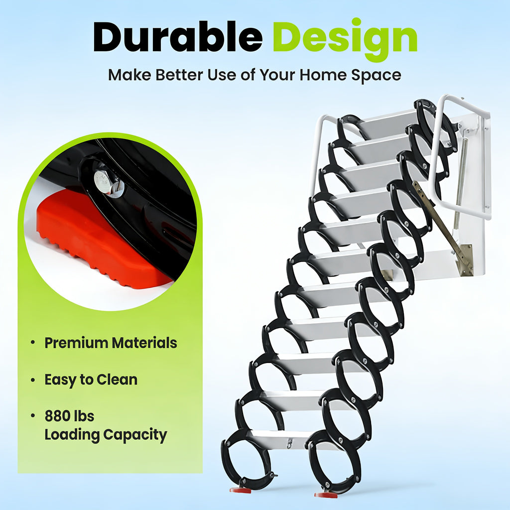 10ft Wall-Mounted Space Saving Attic Stairs, Black & White Titanium-Magnesium Alloy Construction, Supports Up to 880 Lbs, Ideal for Attics, Garages, Basements, Warehouses & Retail Stores