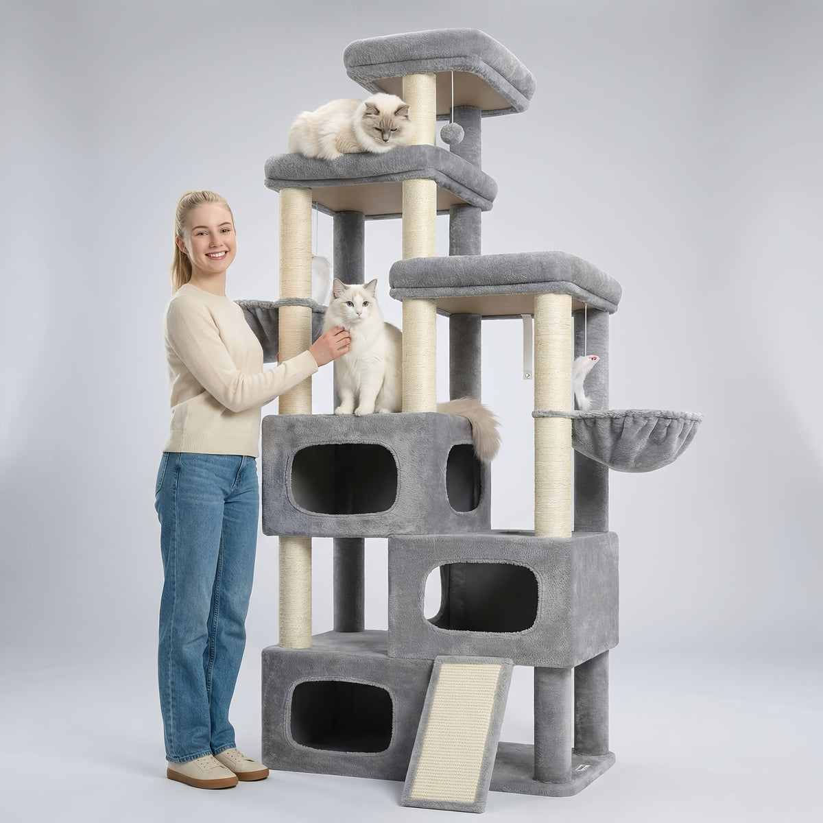 A Robust 85-Inch Cat Tree Designed for Larger Felines, Featuring a Spacious Condo, Sisal Scratching Post, Ramp, And Perch, Suitable for Cats Over 20 Lbs. Ideal for Homes with Multiple Cats, Including Maine Coons