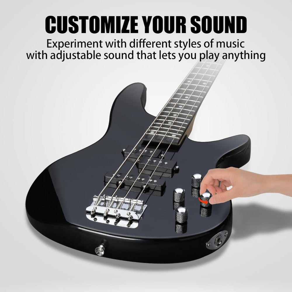 Electric Bass Guitar 4 String Bass Guitar with 20 Watt Amplifier, PJ Type Pickup, Naturally Air-dried Maple Neck, Rosewood Fretboard, Basswood Body
