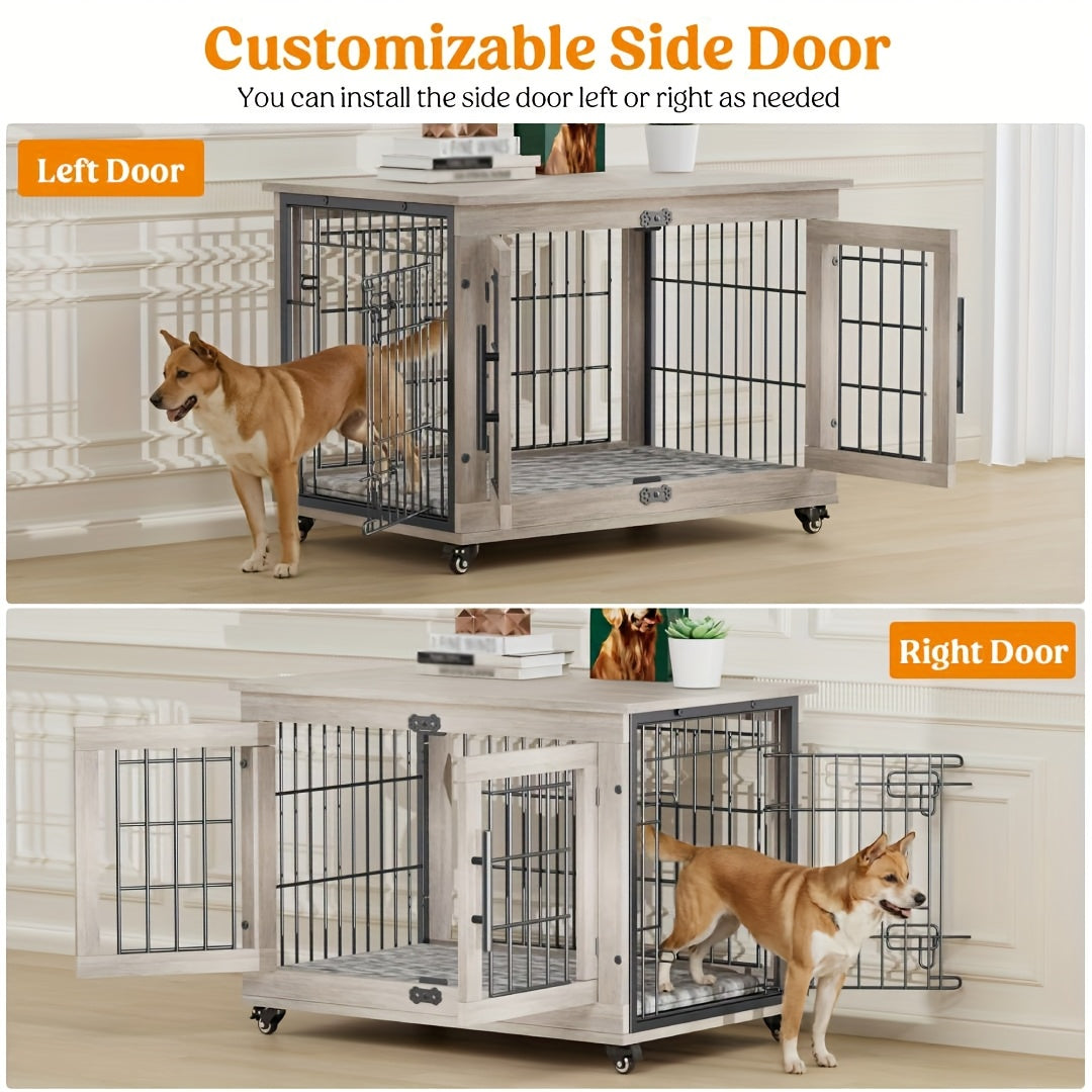 43/36/29/27in Furniture-style Wooden Dog Crate with Anti-Slip Mat, Adjustable Door, Secure Lock, Available In Gray/Brown, Easy to Move with Wheels Or Stable with Anti-Slip Foot Pads, Easy to Clean Pet Cage, Ideal for Home, Living Room Or Bedroom