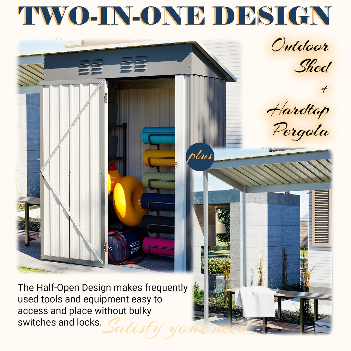 Outdoor Shed + Pergola Combo | Waterproof | Lockable | Air Vents | Store Tools/Grill/Bike