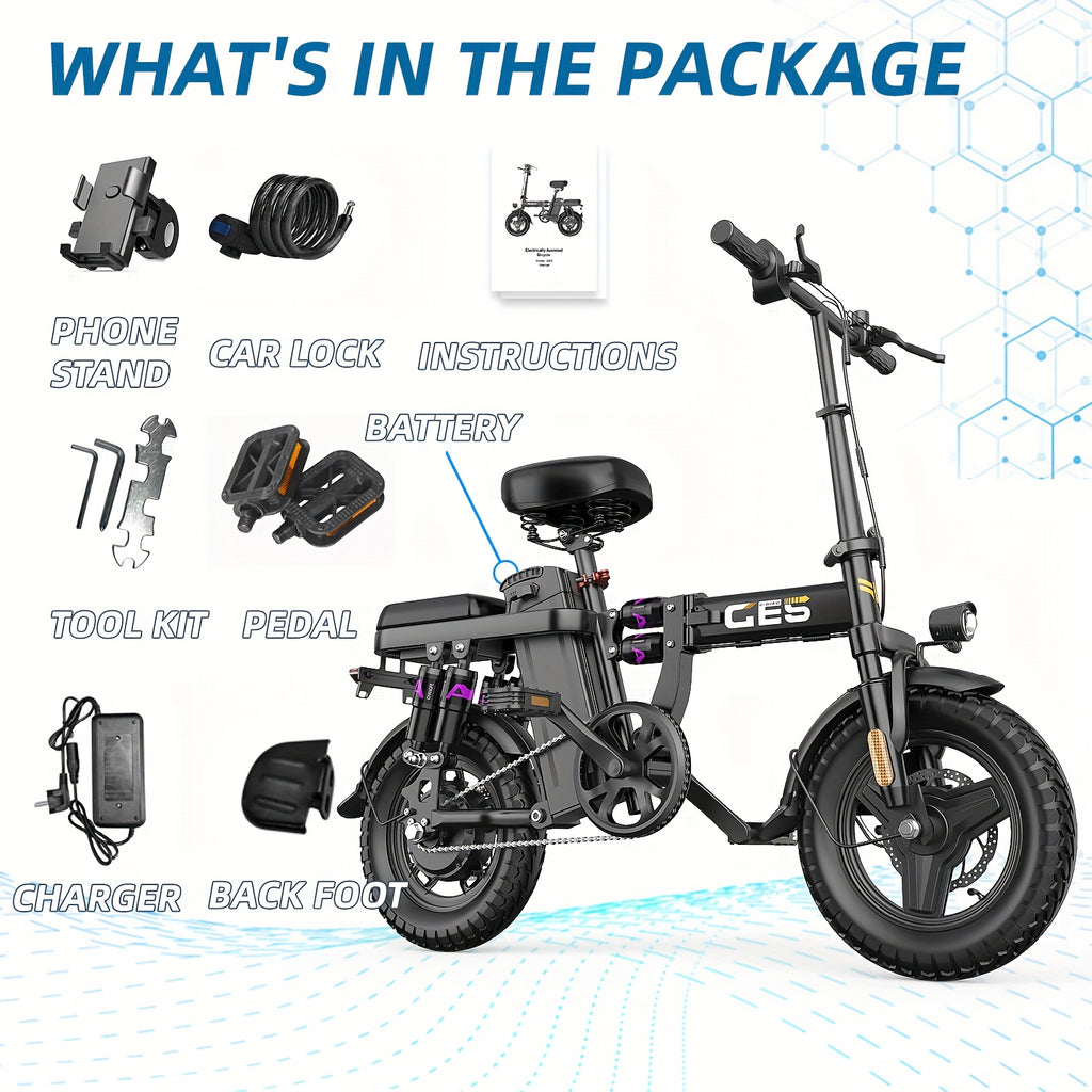 500W Electric Bike for Adults, 48V 10AH/15AH Removable Battery, Speed 15-20 Mph, Long Range 10-35 Miles, 14-Inch Foldable, LCD Display, Dual Disc Brakes, Super Suspension, Teen Gift, Adult E-Bike - Motorcycle