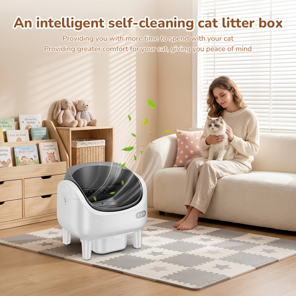 [Self-Cleaning Litter Box] Extra-Large Smart Self-Cleaning Litter Box with Built-In Sterilizing Light for Double Deodorization, Large-Capacity Waste Tray, 14-Day Automatic Cleaning, Open Design, Ideal Choice for Busy Households, Without Battery
