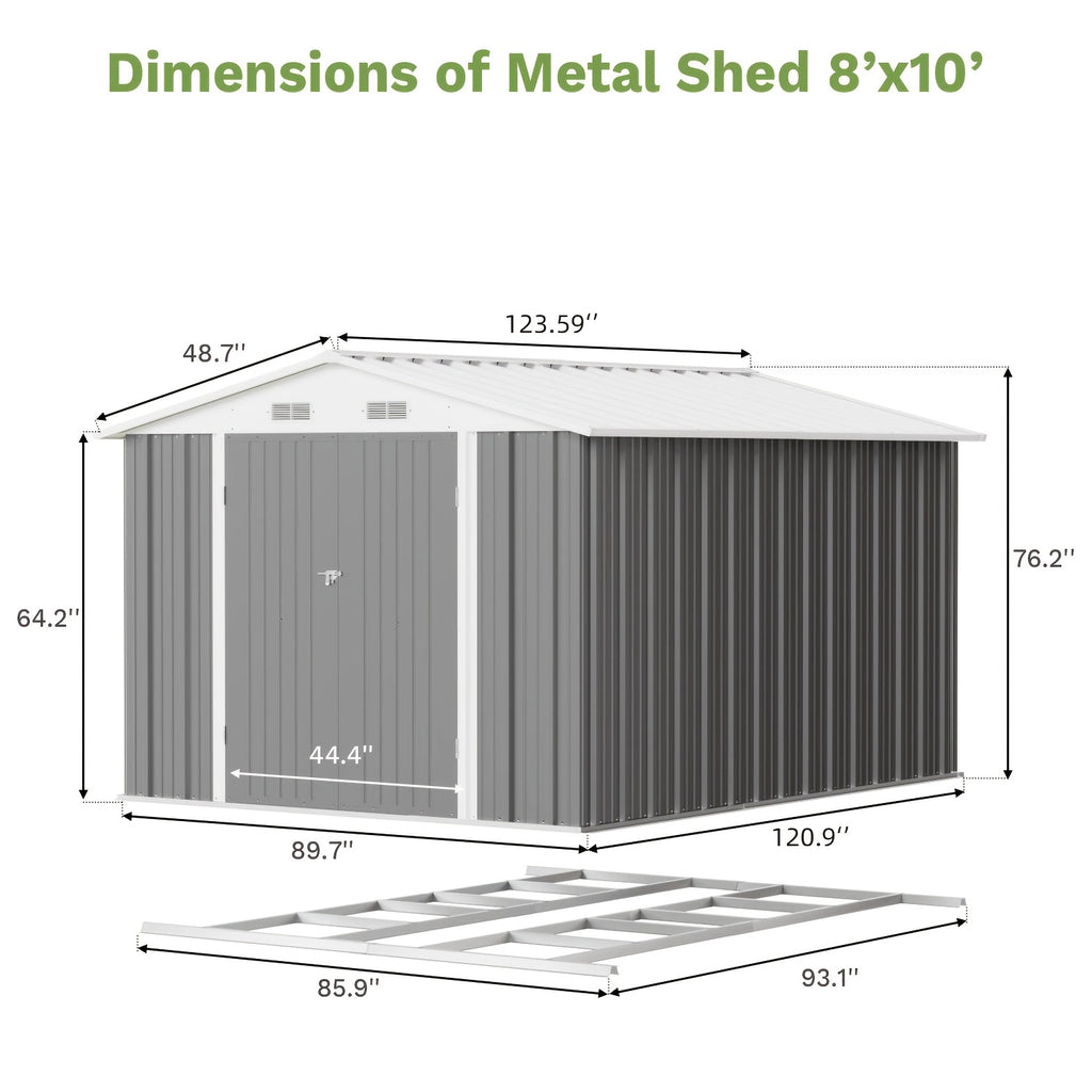 [Garden Storage Shed] GUNJI 5X3 FT And 6X4 FT And 8X6 FT Garden Storage Shed with Base Foundation, Heavy Duty Galvanized Steel Weatherproof Outdoor Tool Shed for Backyard Patio Lawn, Rust Resistant Lockable Door Tool House for Gardening Equipment Bike Sto