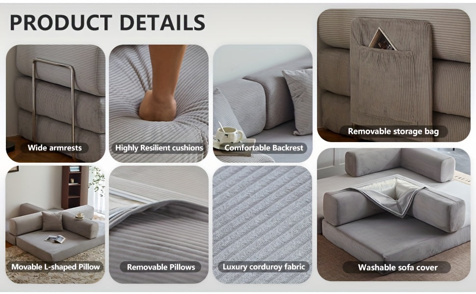 Boneless Sofa Bed, Convertible Modular Sofa With Armrest Pillow, Modular Sofa In A Box Compressed Memory Foam Sofa With Washable Sofa Cover For Living Room, Bedroom, Apartment, No Assembly