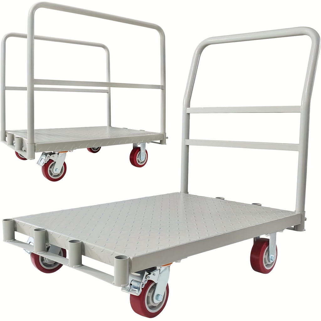 2in 1 Steel Panel Cart 2mm Seamless Steel Deck 2200LBS Capacity + 3 Detachable Handles 5" PU Casters & Reinforced Chassis Drywall/Lumber Cart for Construction, Factories, Warehouses
