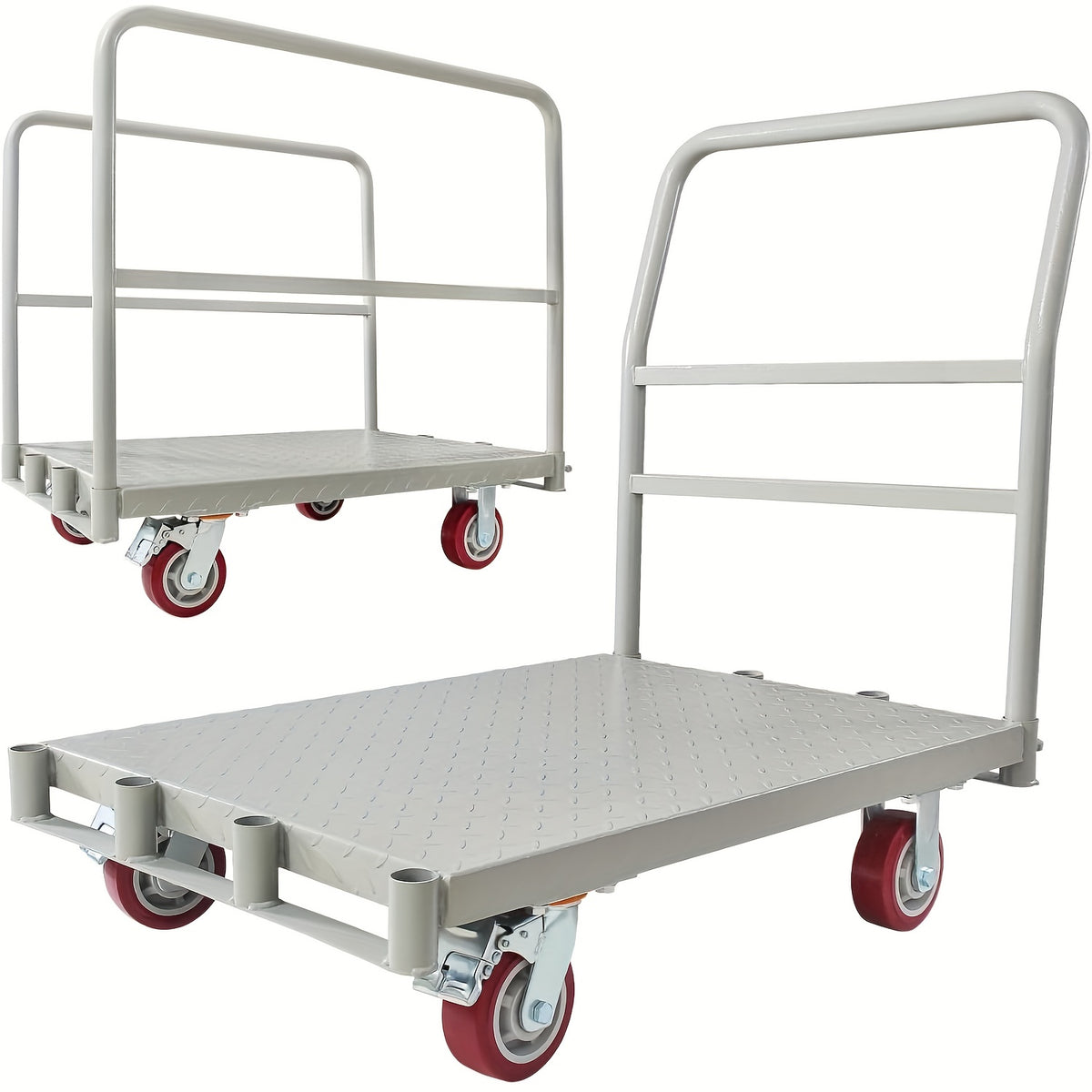 2in 1 Steel Panel Cart 2mm Seamless Steel Deck 2200LBS Capacity + 3 Detachable Handles 5" PU Casters & Reinforced Chassis Drywall/Lumber Cart for Construction, Factories, Warehouses