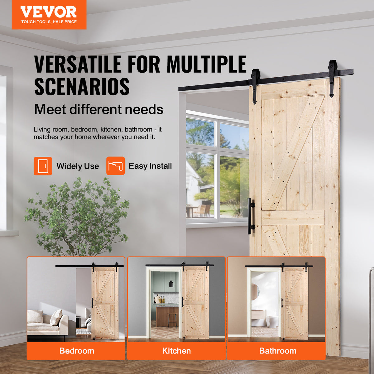 VEVOR Barn Door and Hardware Kit, 30/36" x 84" Wood Sliding Barn Door, Smoothly and Quietly, Barn Door Kit with 8-in-1 Floor Guide and Door Handle, Spruce Wood Panelled Slab, Easy to Install