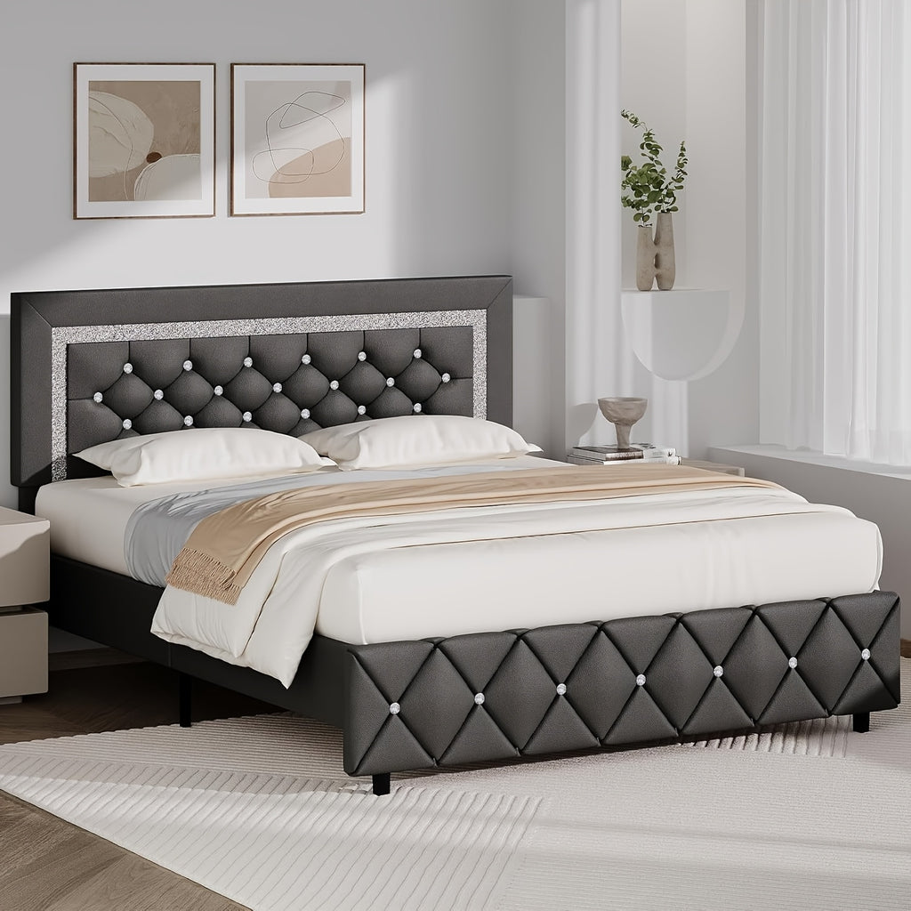 4ever2buy Twin Full Queen King Platform Bed Frame with Upholstered Diamond Headboard, Mattress Foundation with Strong Wooden Slats Support, No Box Spring Needed, Easy Assembly, Valentine's Day Gifts, Pearlized White, Black, Pink, Green, Grey, Beige