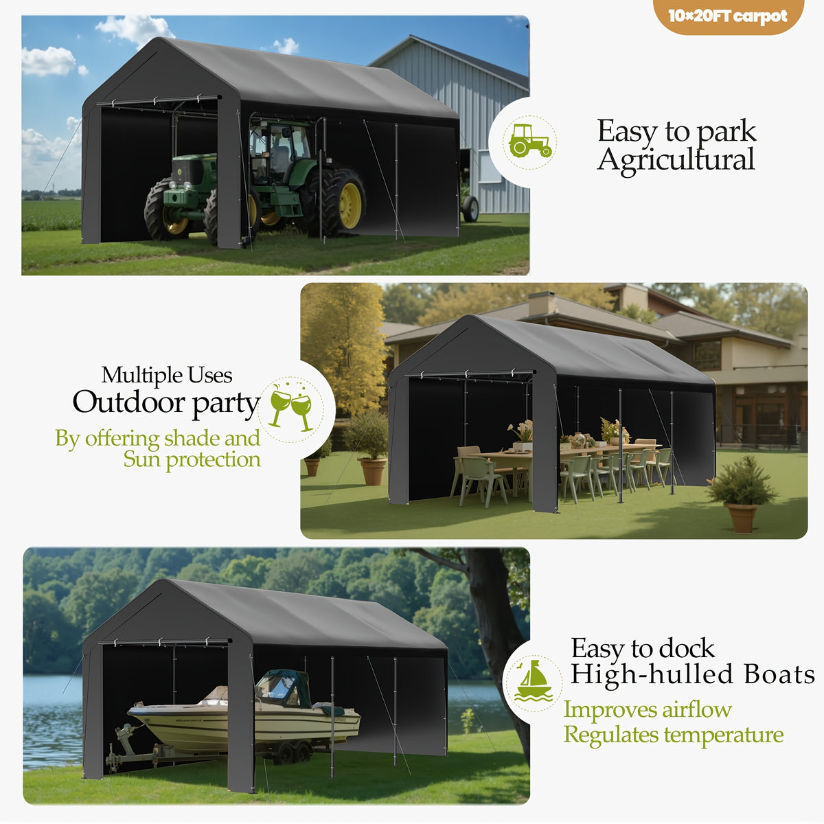 10x20 Carport Heavy Duty Portable Garage Shelter Metal Car Canopy Tent with UV-Resistant & Weatherproof Top Cover for RV & Vehicles