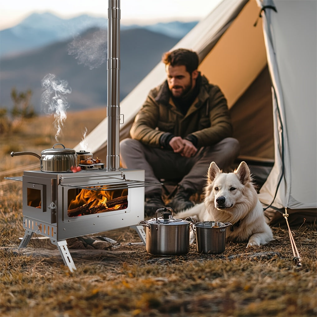 Portable Heavy-Duty Stainless Wood Burning Camp Stove - Outdoor Tent & Backyard Fire Pit with 7 Chimney Pipes, Ash Tool, Carry Bag & Ground Stakes - Adjustable Height, Fire-Resistant Window, Coal/Charcoal Compatible for Winter