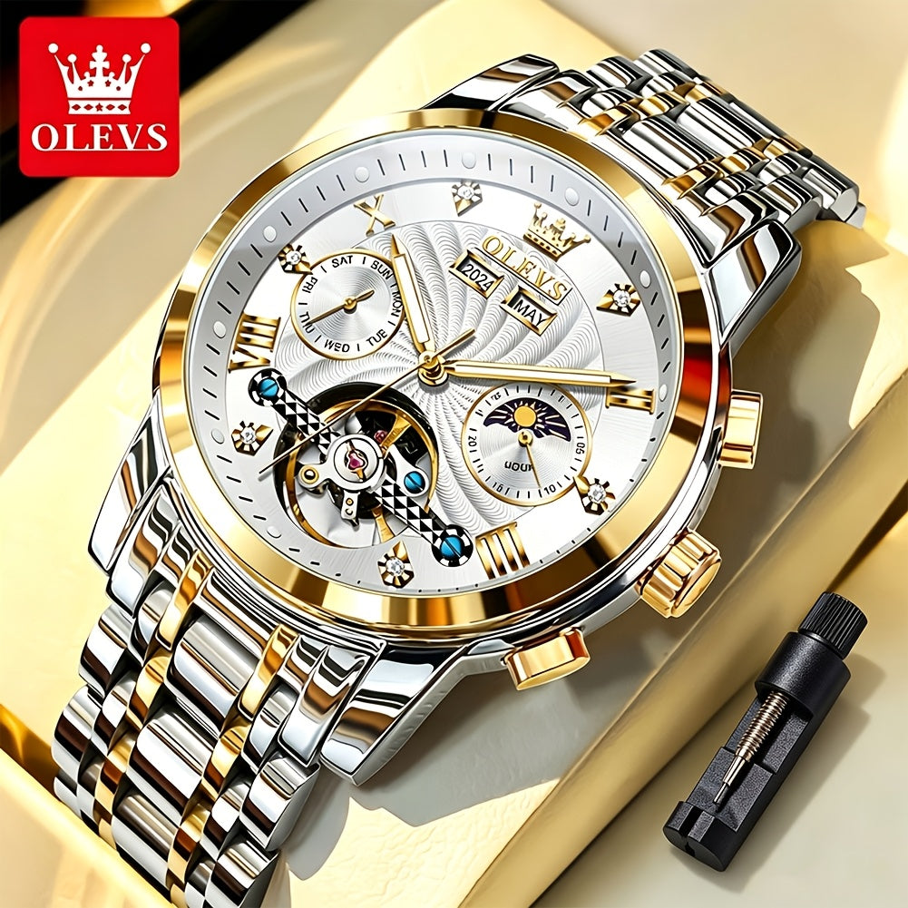 OLEVS Men'S Mechanical Watch - Automatic Movement Stainless Steel Large Dial, Luminous Dual Calendar Business Casual Dress Multifunctional Wristwatch Relojes Para Hombre Without Box, Without Battery