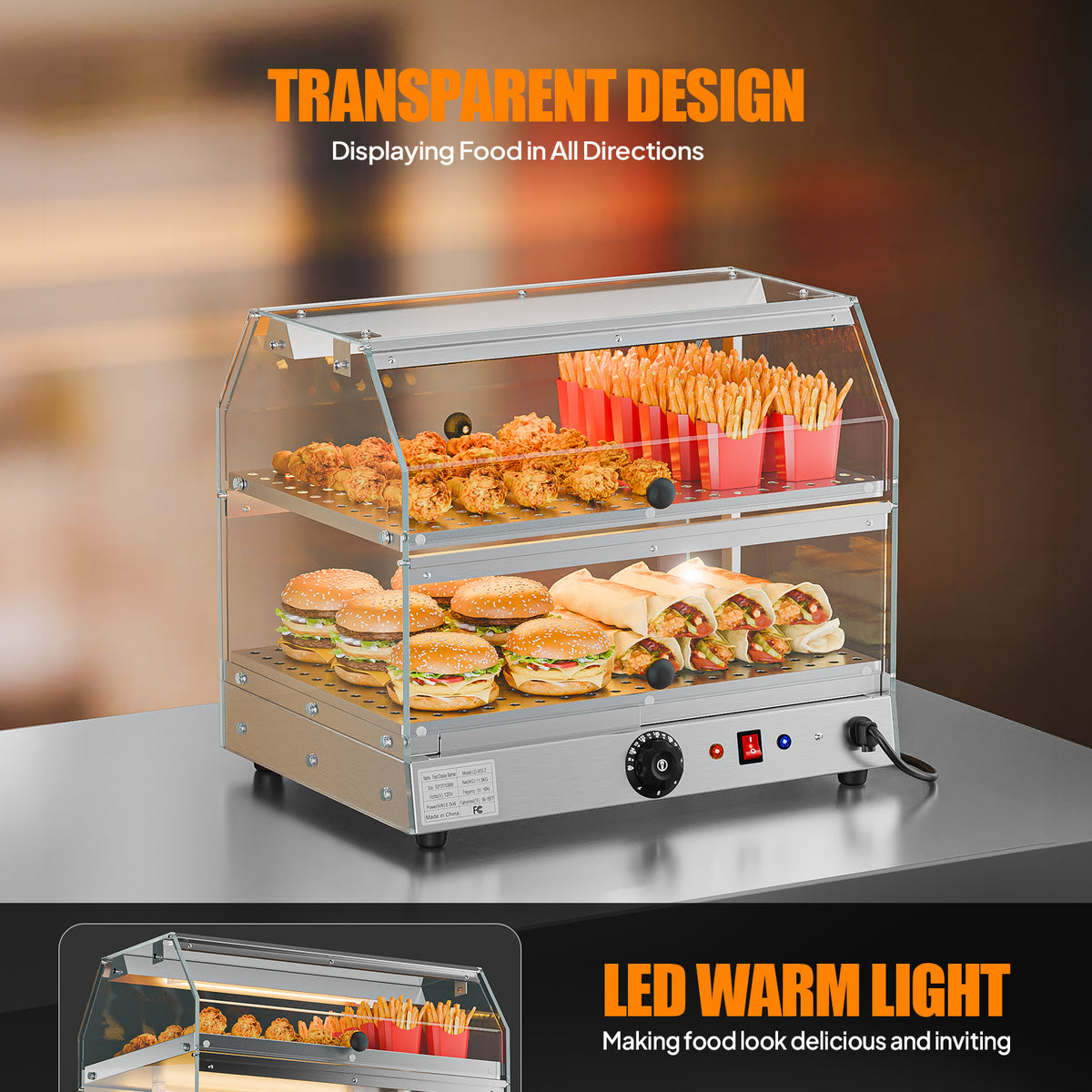 2-Tier Food Warmer Pizza Warmer Countertop, Food Warmer Display Pretzel Warmer with LED Lighting Front and Rear Doors, Electric Catering Hot Box Acrylic for Buffet Restaurant Cafe