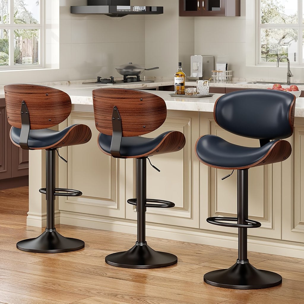 3pcs Modern Faux Leather Upholstered Bar Stools, 360° Swivel Adjustable Height with Backrests, Metal Tall Bar Stools Counter Height for Kitchen Island, Hydraulic Island Barstools