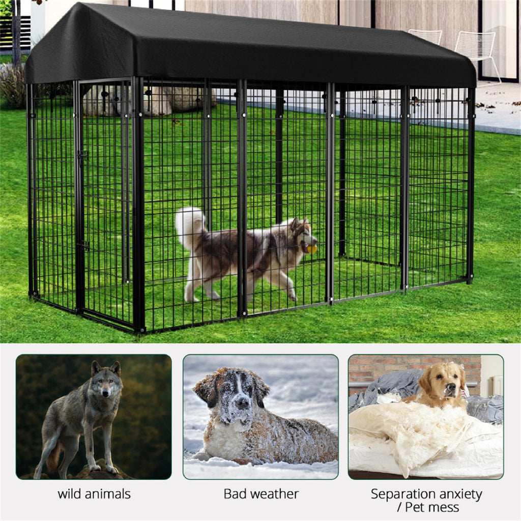 98"L x 49"W x 71"H Dog Kennel Outdoor with Waterproof Roof, 8x6x4ft Large Outdoor Kennel with Rotating Feeding Door, Bowls, Dog Cage for Outside Dog House Enclosure for Dogs, Cat, Rabbit