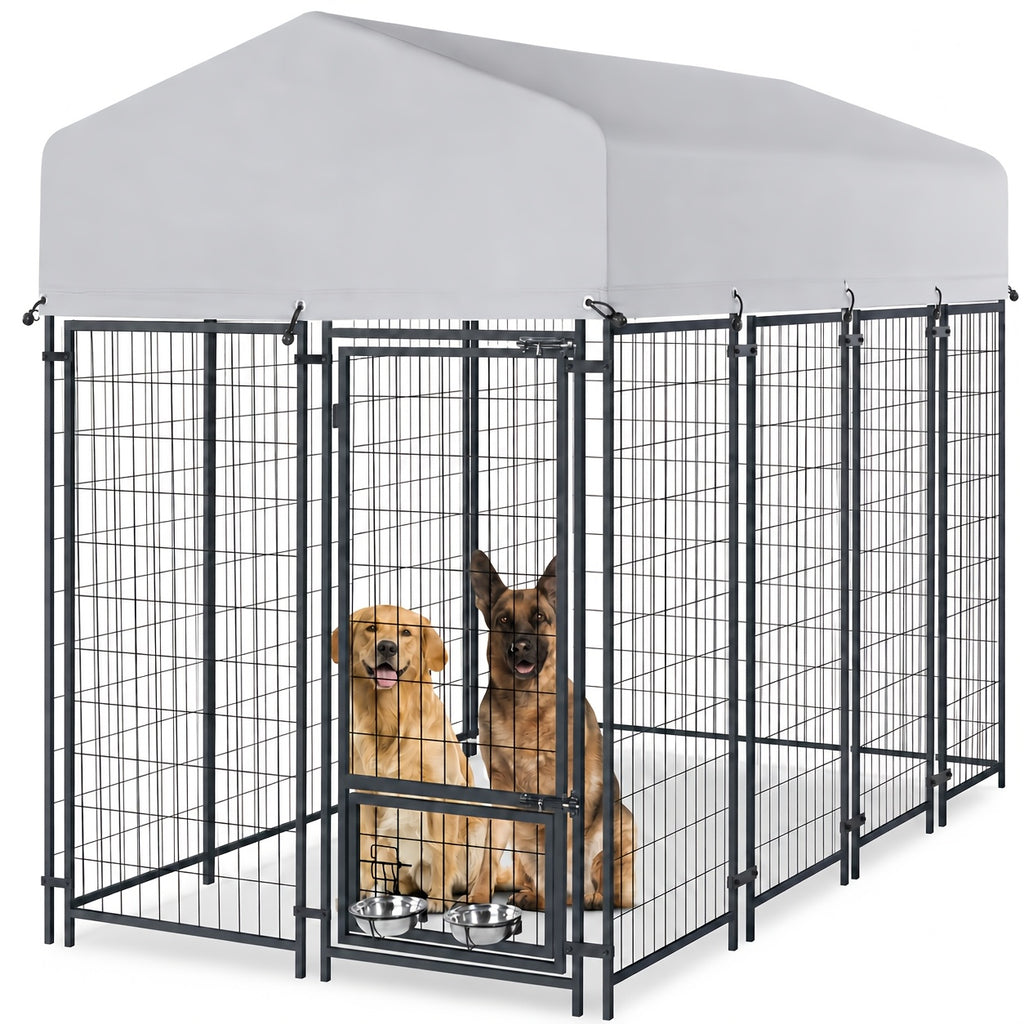 SNDM Outdoor Dog Kennel for Large Dogs, Heavy Duty Welded Wire Steel Dog Playpen Fence with Secure Lock, Dog Pen with Waterproof Roof Cover and 2 Rotating Dog Bowls for Small/Medium/Large Dogs