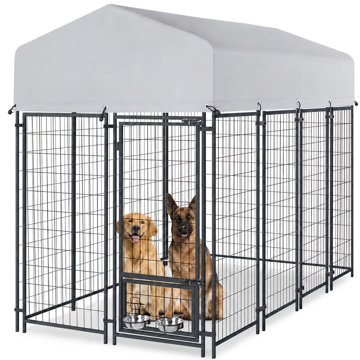 SNDM Outdoor Dog Kennel for Large Dogs, Heavy Duty Welded Wire Steel Dog Playpen Fence with Secure Lock, Dog Pen with Waterproof Roof Cover and 2 Rotating Dog Bowls for Small/Medium/Large Dogs