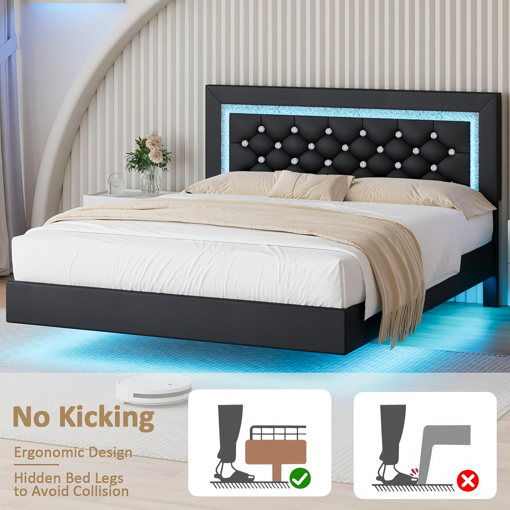 Twin Full Queen King Size Floating Bed Frame with LED Lights, Upholstered Platform Bed with Diamond Tufted Headboard, No Box Spring Needed, Noise Free, Easy Assembly, Black/Pink/White