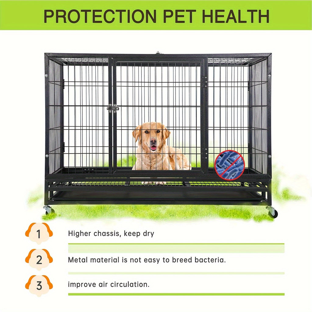 Heavy Duty Dog Crates for Large Dogs, Dog Crate Metal Wire Dog Kennel Double Door Dog Cage with Lockable Wheels and Plastic Tray for Extra Large XL XXL Dog Indoor Outdoor