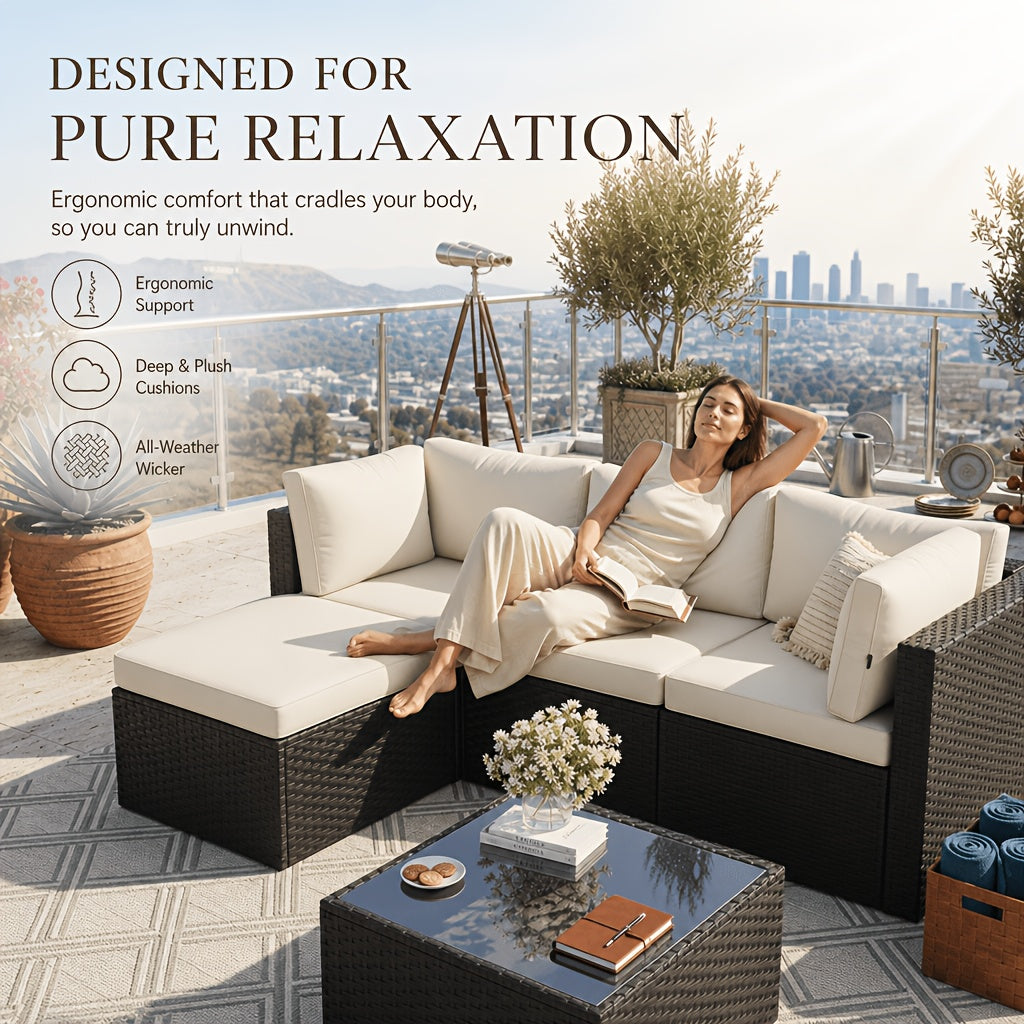 Outdoor Patio Sofa Set in L-Shaped 5- or 6-Piece Design for Backyard and Poolside Lounging