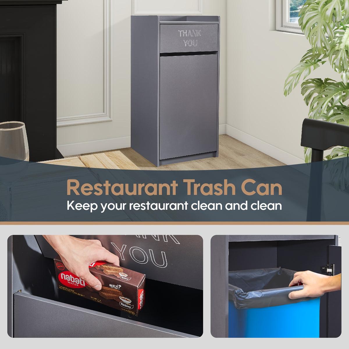 Large 40-Gallon Wooden Waste Bin with a Tray Top, Featuring a Spacious Design, Easy-To-Clean Surface, And Compact Storage, Perfect for Offices, Restaurants, And Kitchen Cabinets