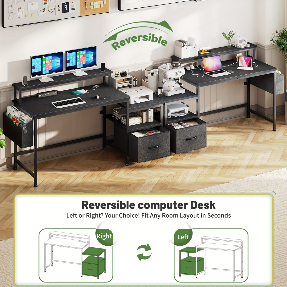 EnHomee 57" Computer Desk With Drawers And Printer Space, Office Desk With Power Outlets, Home Office Desks With File Drawers Cabinet, Study Writing And Gaming Desk With Shelves Monitor Stand