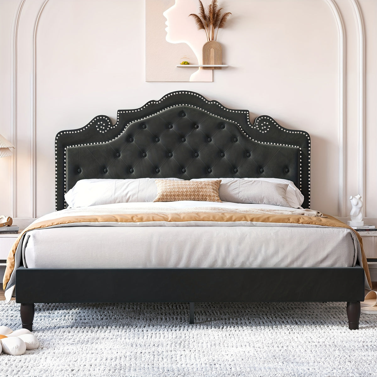 WEEWAY Full/Queen/King Bed Frame with Velvet Adjustable Tiara Curved Headboard And High Resilience, Upholstered Diamond Button Tufted Platform Bed with Wood Slats/No Box Spring Needed/Noise Free/Black/Dark Grey