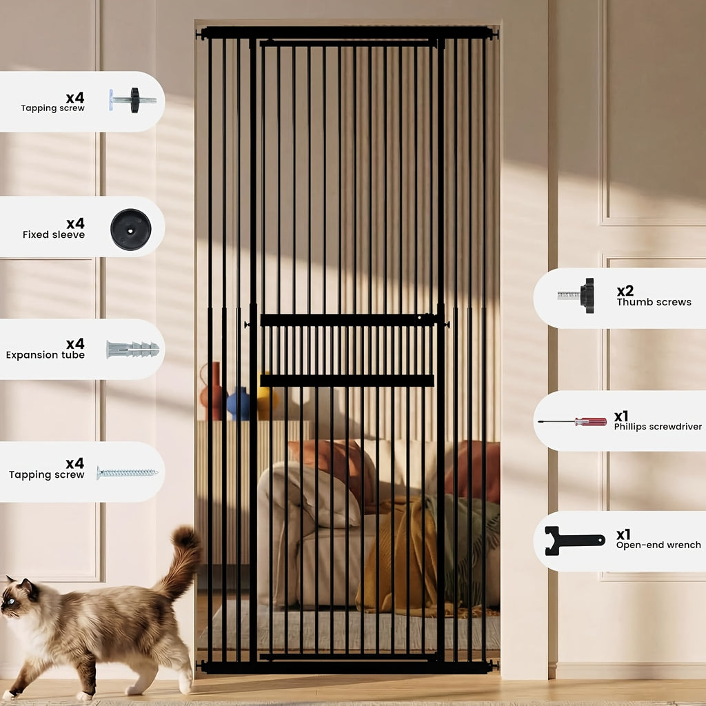 [Adjustable Height & Width] Dog Gate 49"-86" Adjustable Height, Extra Tall Cat Gate for Doorways/Hallways, 27.5"-37" Adjustable Width, Baby Gate with 4 Extensions Kits, No Drilling Pressured Mounted, Black And White