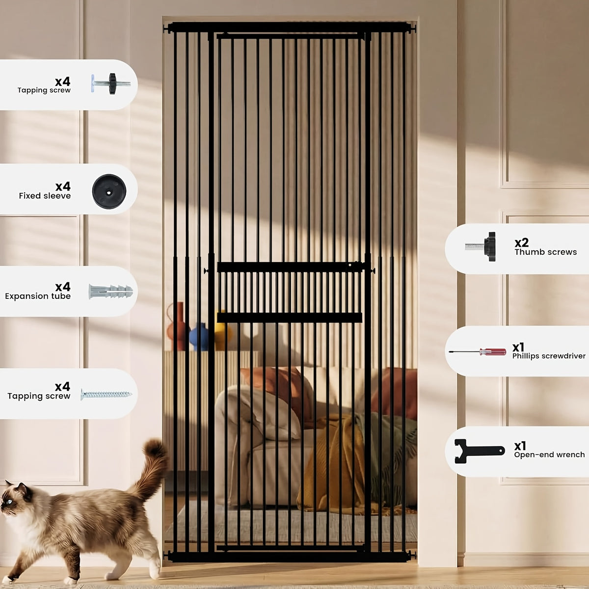 [Adjustable Height & Width] Dog Gate 49"-86" Adjustable Height, Extra Tall Cat Gate for Doorways/Hallways, 27.5"-37" Adjustable Width, Baby Gate with 4 Extensions Kits, No Drilling Pressured Mounted, Black And White