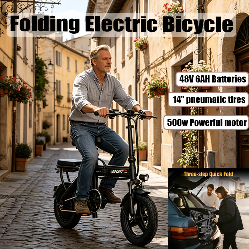 500W 20 Miles Per Hour Foldable Electric Bike For Adults, 48V 6Ah Removable Battery, 14" Ebike, Electric Mini Bike, The Range Is 30 Miles