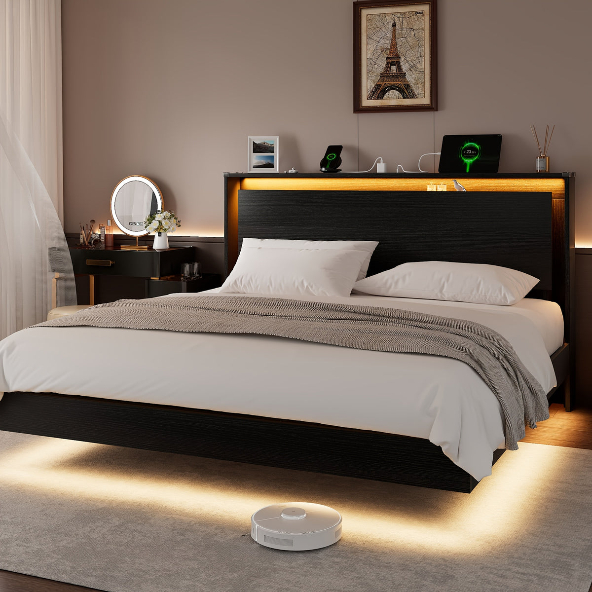 Floating Bed Frame with LED Lights & Charging Station, Heavy Duty Metal Support Frame, Easy Assembly, Bed Frame Without Mattres