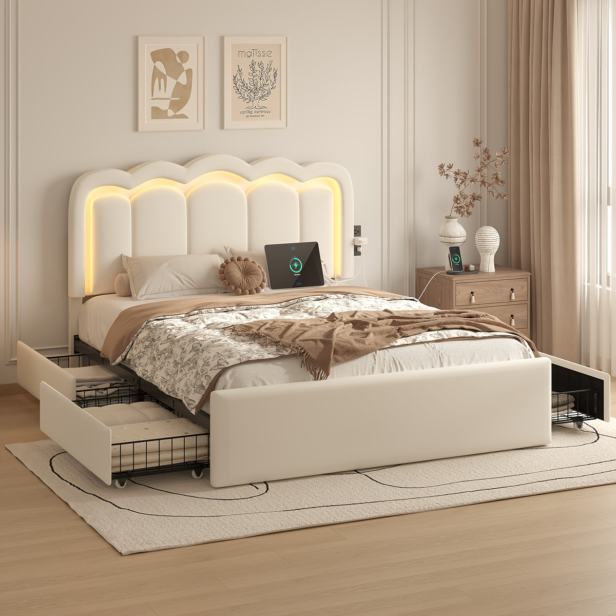 Upholstered Platform Bed Frame with 4 Storage Drawers & Adjustable Headboard, Full/Queen Size Bed Frame with LED Lights & Charging Station, Strong Metal Slats Support, No Box Spring Needed, Easy Assembly, Black/White