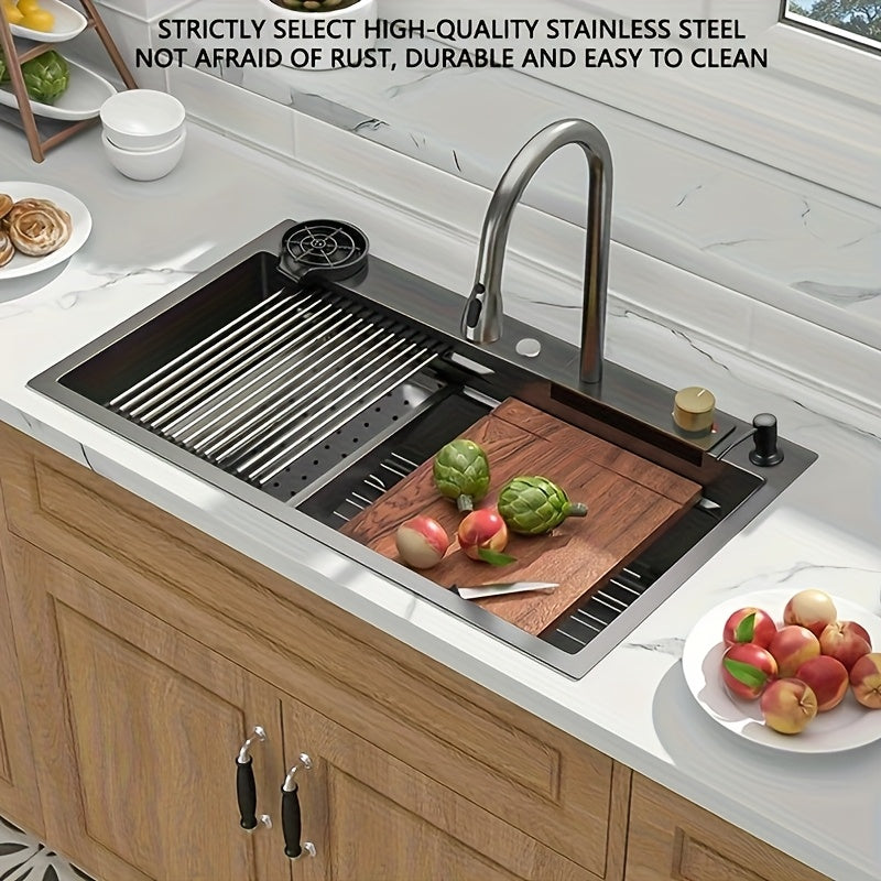 [Stainless Steel Kitchen Sink] 33 * 22 Inch Stainless Steel Kitchen Sink, Single Bowl Sink Drop In/Topmount Workstation Waterfall Sinks With Cutting Board, Cup Washer And Sink Accessories