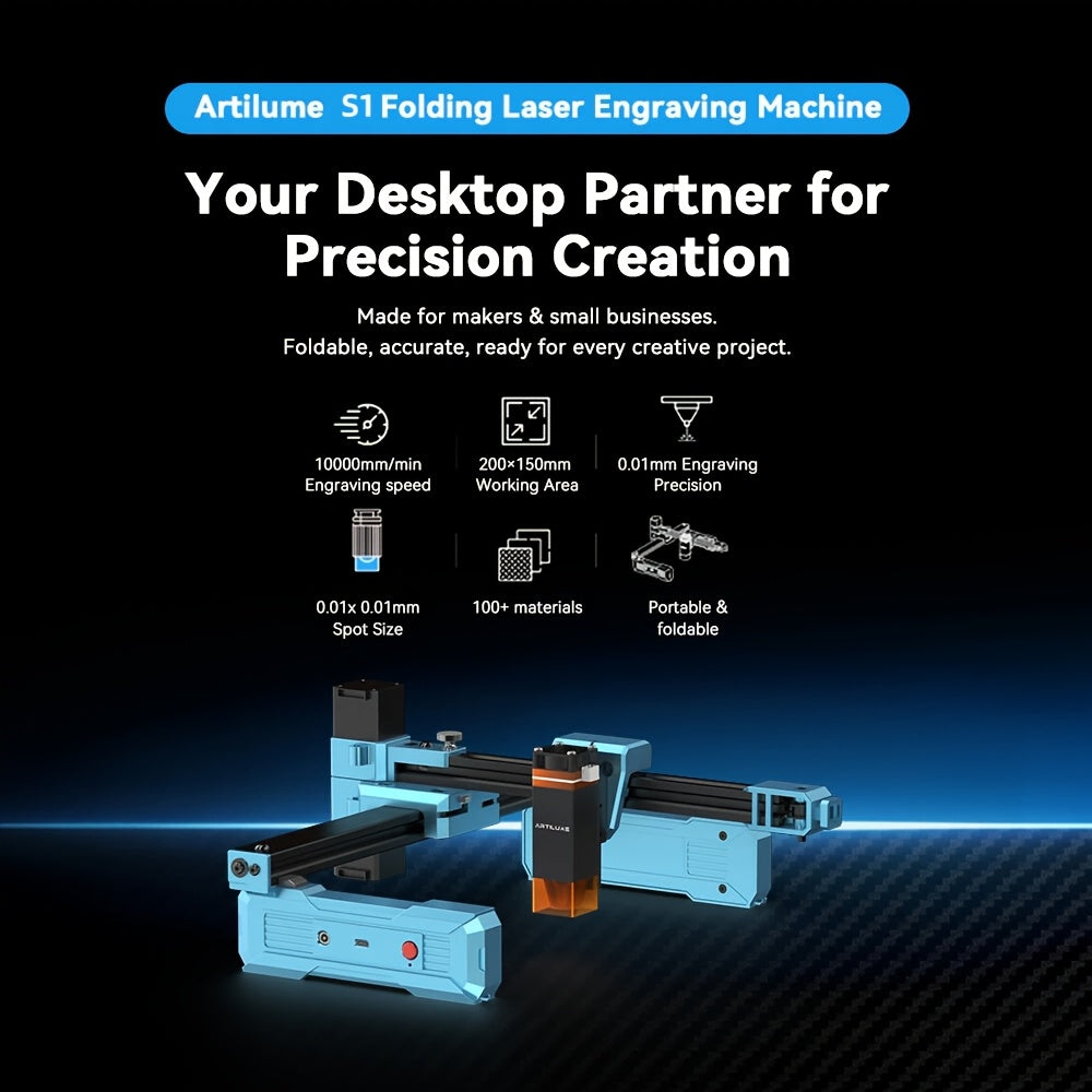 Artilume S1 Foldable Laser Engraver, Compact and Portable Design Ideal for Home Use and Travel. Features Blue Light with 2.5W/6W Power Output, Achieving Precision up to 0.01mm. Offers a Large Working Area of 200*150mm, Suitable for Engraving Various