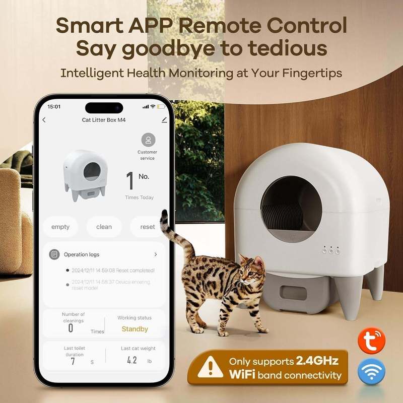 Self Cleaning Litter Box, Large Capacity Automatic Cat Litter Box Self Cleaning for Cats, App Control, Safety Protection, 2 Roll Garbage Bags, White & Grey