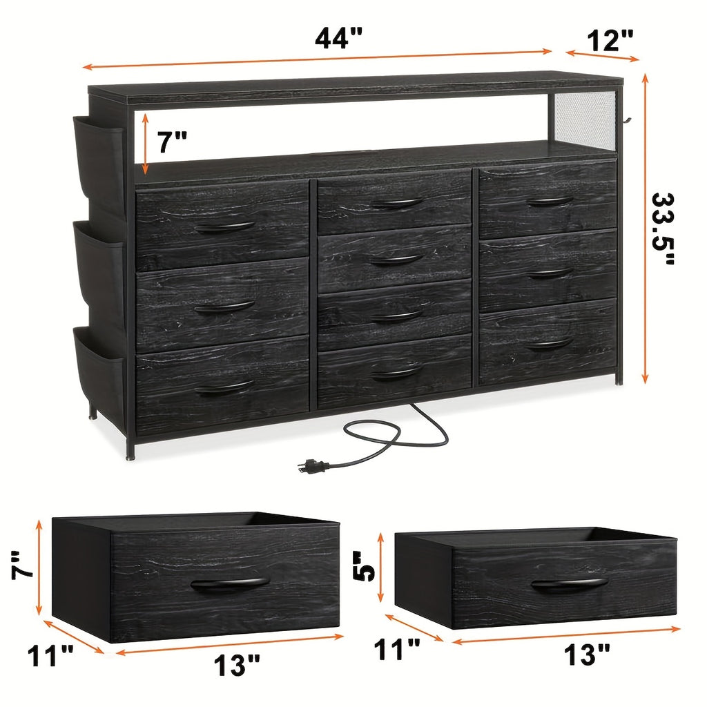 Dresser TV Stand With 10 Drawers For 55" TV Stand For Bedroom With LED Lights & Power Outlets Wide Dresser For Bedroom With Shelves & Side Pockets Sturdy Metal Frame & Wood Top, Charcoal Black