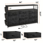 Dresser TV Stand With 10 Drawers For 55" TV Stand For Bedroom With LED Lights & Power Outlets Wide Dresser For Bedroom With Shelves & Side Pockets Sturdy Metal Frame & Wood Top, Charcoal Black