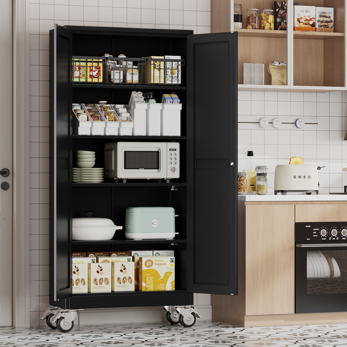 61/71/75 Inch High Wheeled Metal Storage Cabinet with 2 Doors And Adjustable Partitions, Metal Filing Cabinet, Suitable for Home Offices, Kitchens, Warehouses, And Garages