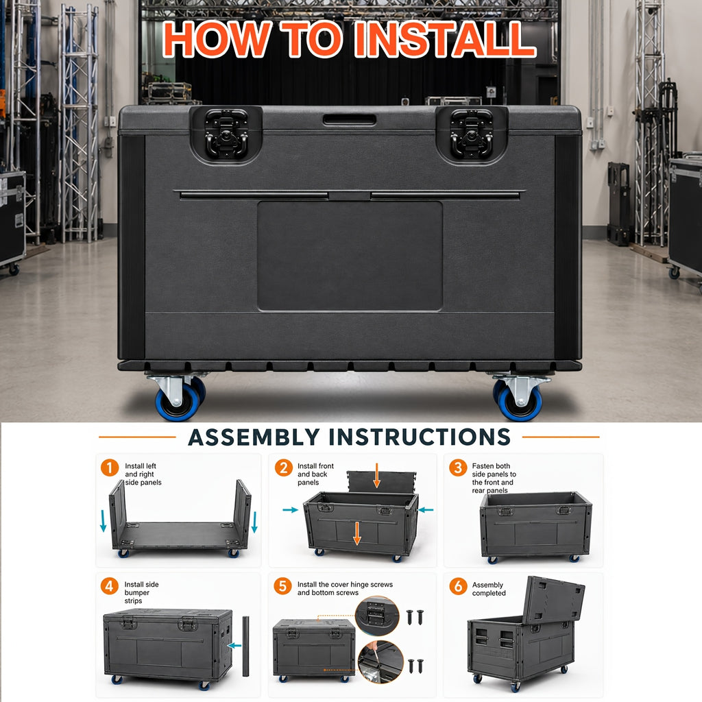 1pc Black Cable Trunk, ATA Road Case, Heavy Duty Utility Road Trunk Flight Case With Wheels, High Density Polyethylene (HDPE), Truck Pack Size Transport For Pro Audio And DJ Touring, Two Sizes Are Available