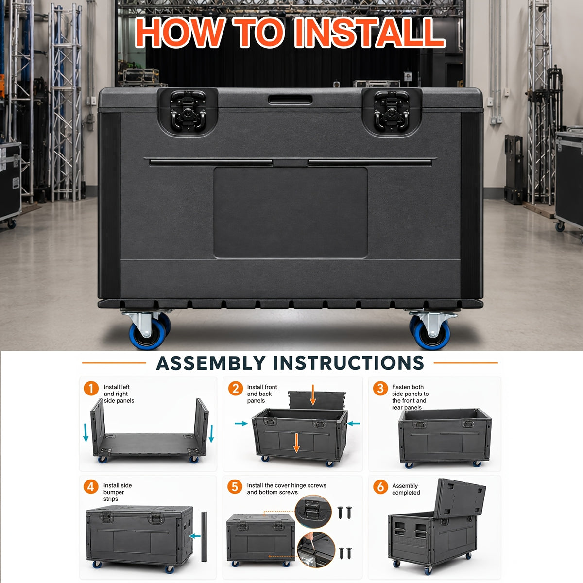 1pc Black Cable Trunk, ATA Road Case, Heavy Duty Utility Road Trunk Flight Case With Wheels, High Density Polyethylene (HDPE), Truck Pack Size Transport For Pro Audio And DJ Touring, Two Sizes Are Available